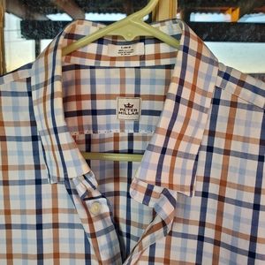Peter Millar Shirt Mens Large Soft Blue Brown Checks Plaid Button up 100% Cotton